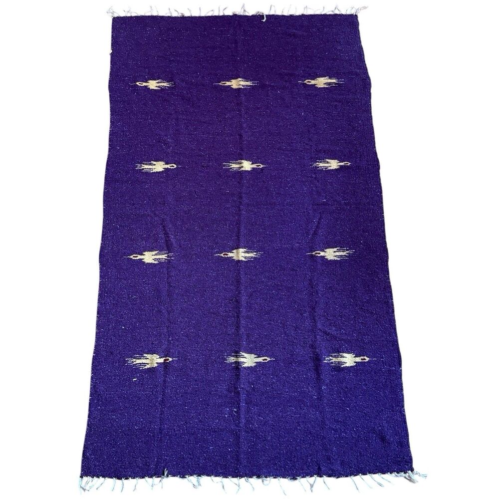 Vintage Mexican Woven Thunderbird Blanket Purple Southwest Pattern Tassel 72x42